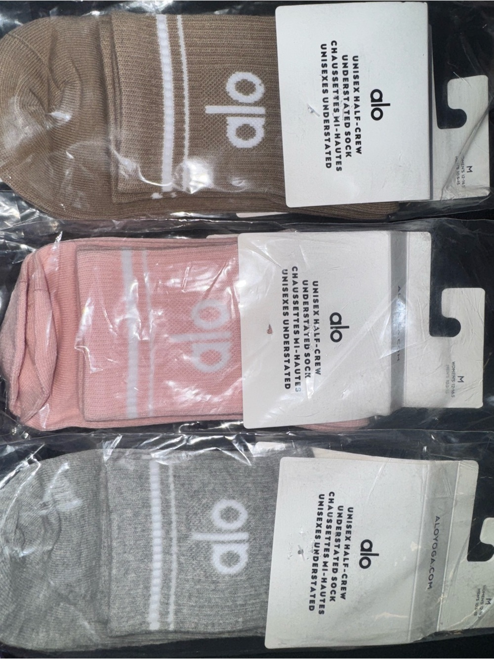 Alo Yoga Unisex Half Crew Socks 3 Pair Bundle Brown Gray Pink Size M